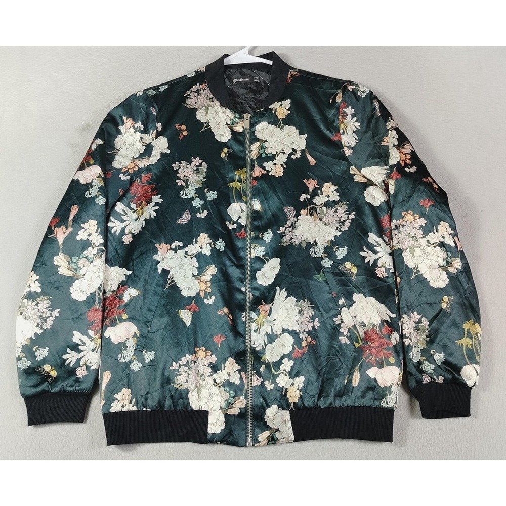 Stradivarius Bomber Jacket Womens Small Green Floral Satin Quilted Full Zip